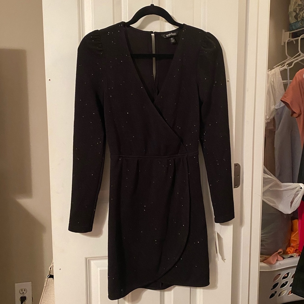 Black Glitter Long Sleeve Mini Dress